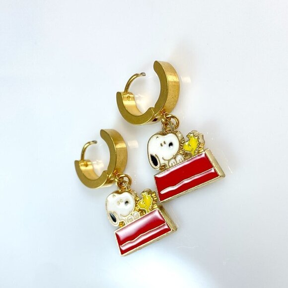 Snoopy Dog & Woodstock on Stainless Steel Huggie Hoop Earrings - Picture 8 of 9